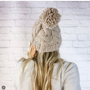Chunky Beige HandKnit Hat with Pom Pom